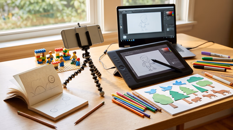 A workspace showing the tools for different animation techniques: a flipbook with a pencil, a smartphone on a tripod aimed at LEGO figures, a tablet displaying Pencil2D software, and paper cutout shapes arranged on a table
