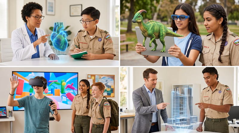 A futuristic collage showing animation in different fields: a doctor viewing an animated 3D organ hologram, a student interacting with an animated dinosaur through a tablet, a gamer wearing a VR headset in a vividly animated world, and an architect walking through an animated building model