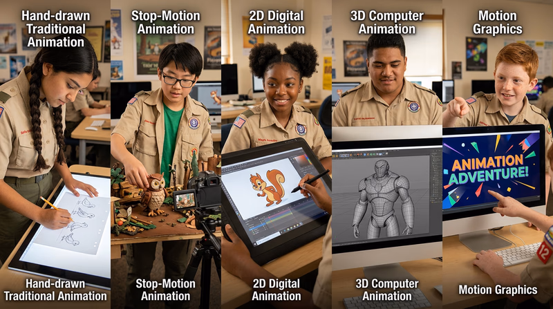 A split-panel collage showing five animation styles side by side: a hand-drawn pencil sketch of a character, a clay stop-motion figure on a miniature set, a colorful 2D digital character on a tablet screen, a 3D CGI robot model with wireframe visible, and a motion graphics title card with animated text