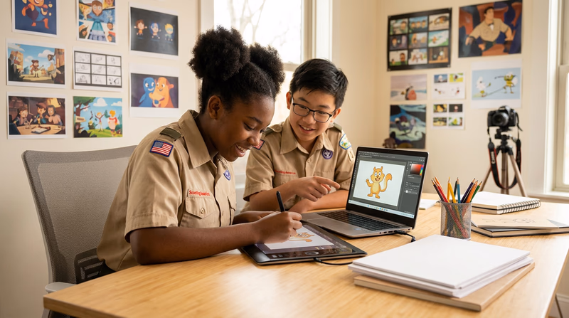 A Scout sitting at a desk with a drawing tablet and laptop, sketching an animated character that appears to leap off the screen
