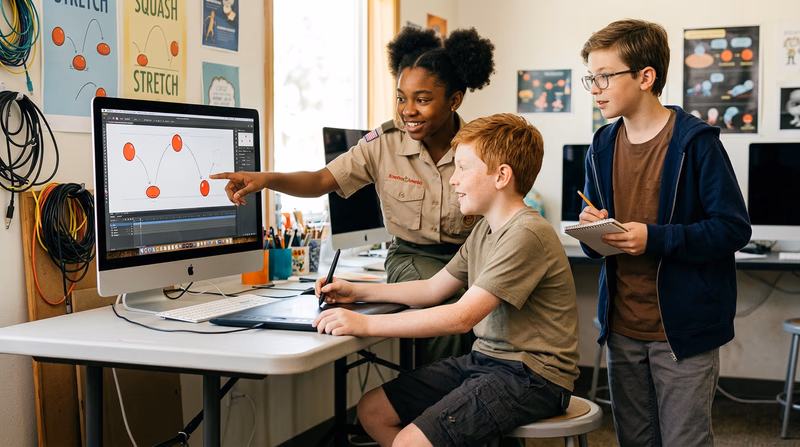 A diagram showing a ball bouncing, with the ball squashed flat at the moment of impact with the ground and stretched tall at the peak of its arc, with faint guide lines showing the path of motion