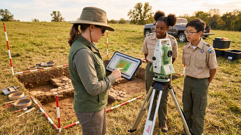 An archaeologist working in the field with modern technology: using a tablet with GIS mapping software near an excavation unit, with survey equipment visible in the background