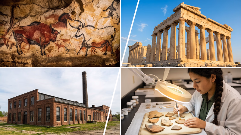 A collage showing different types of archaeology: a prehistoric cave painting, a classical Greek temple ruin, an industrial-era factory building, and a researcher examining pottery in a lab