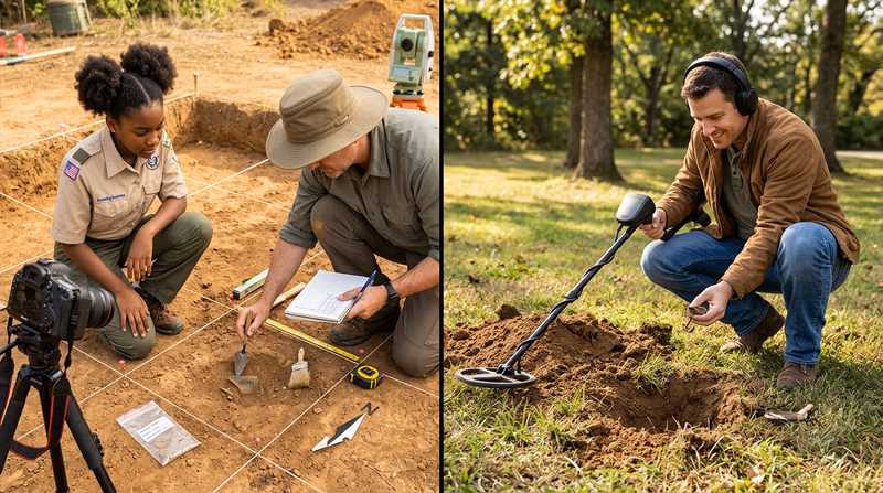 A split-scene illustration: on the left, an archaeologist carefully documenting an artifact in a gridded excavation unit with notes and cameras; on the right, a treasure hunter with a metal detector pulling an object from the ground with no documentation