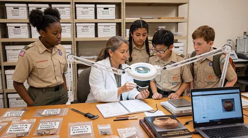 An archaeologist in a laboratory examining pottery fragments under a magnifying lamp, with labeled artifact bags and a laptop database visible on the workbench