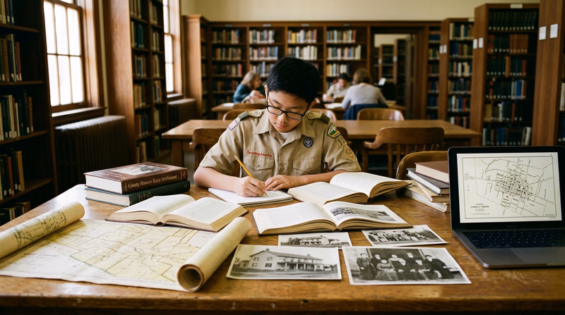 A Scout at a library table surrounded by old maps, local history books, and photographs, taking notes in a notebook with a laptop open nearby