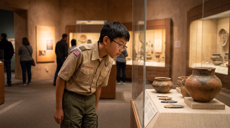 A Scout carefully examining a pottery display in a museum, with glass cases containing labeled artifacts and informational panels visible in the background