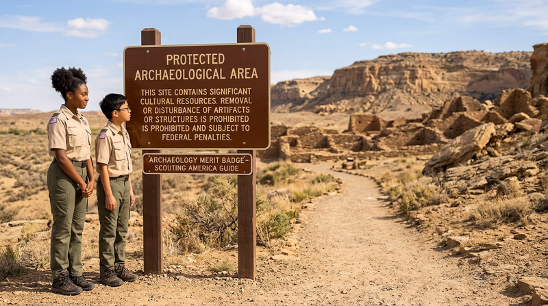 A National Park Service sign at the entrance to an archaeological site, showing official protection notices with desert landscape and ruins visible in the background