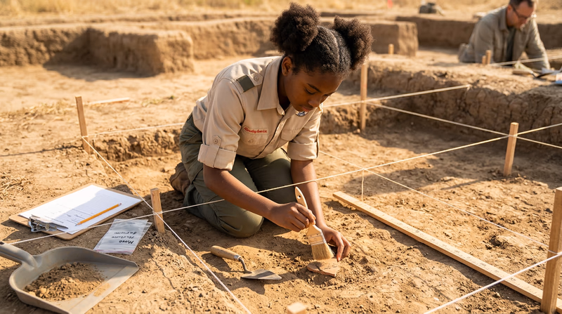 A Scout kneeling at an archaeological dig site, carefully brushing dirt from an artifact with a small brush, with a grid system and measurement tools visible