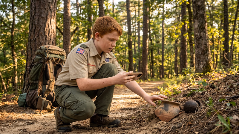 A Scout on a hiking trail noticing an artifact partially exposed in the soil, choosing to photograph it with a phone instead of picking it up, with a national forest setting in the background