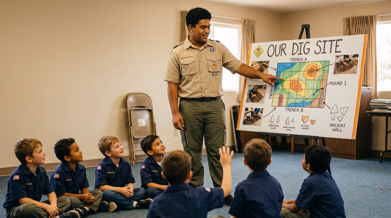 A Scout standing confidently in front of a small audience of younger Cub Scouts, pointing at a poster board with images and a map of an archaeological site