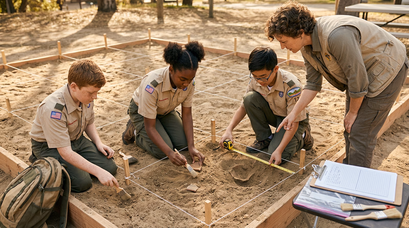 Scouts working at a simulated archaeological dig site in a sandbox-style setup, using trowels and grid systems to carefully uncover planted artifacts, with an instructor guiding them