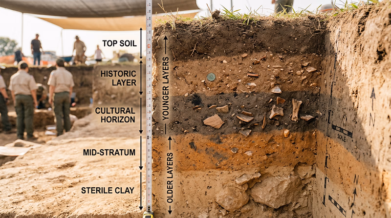 A cross-section diagram of an archaeological excavation showing clearly labeled soil layers (strata) with artifacts at different depths, illustrating how deeper layers are older