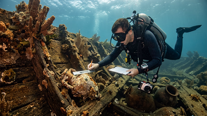 A diver in scuba gear carefully documenting artifacts on a shipwreck site, with measuring tools and underwater camera equipment visible