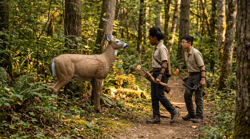 A foam deer target on a wooded 3-D archery course, surrounded by trees and natural terrain