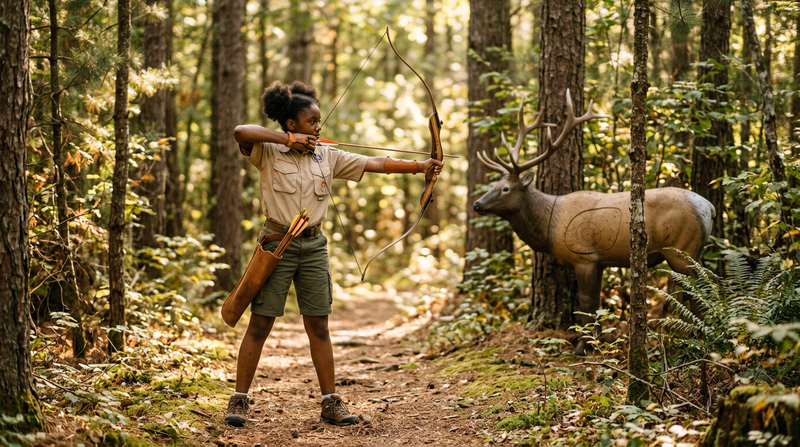 A Scout on a wooded 3-D archery course, aiming a recurve bow at a foam elk target partially concealed by trees, with dappled sunlight filtering through the canopy