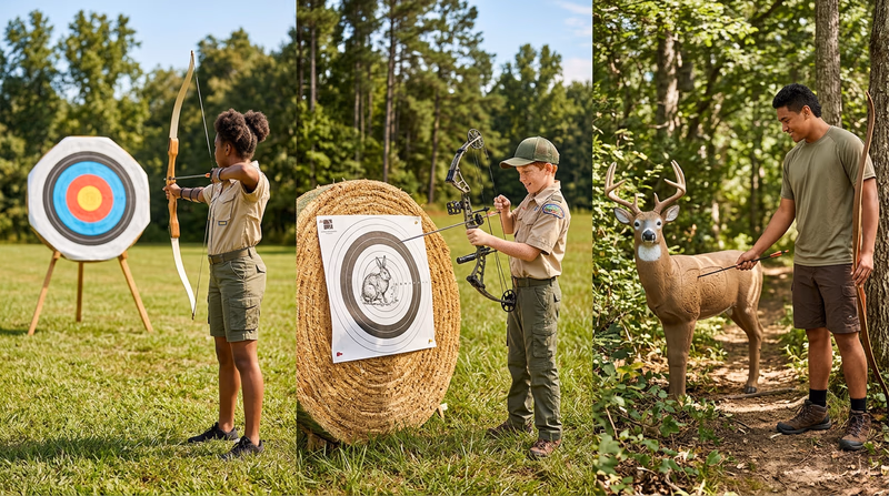 A split scene showing three types of archery: target archery with a colorful round target on a flat range, field archery with a paper target in the woods, and a 3-D foam deer target on a wooded trail