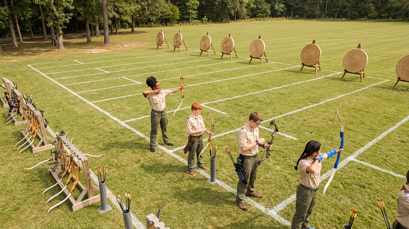 An overhead view of a well-organized outdoor archery range showing the shooting line, target line with backstop, and safety buffer zones clearly marked