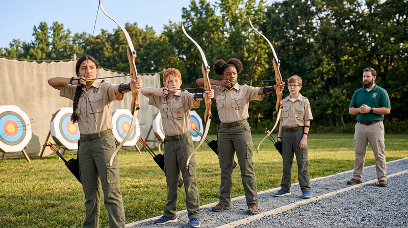 Several Scouts standing at the shooting line on an archery range, each aiming recurve bows at colorful round targets downrange, with a range officer observing
