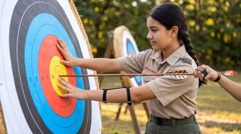 Close-up of a Scout pulling an arrow from a target using proper technique, one hand bracing the target face and the other gripping the arrow shaft near the target