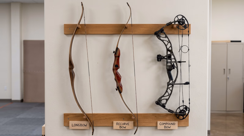 Side-by-side comparison of three bow types: a traditional longbow on the left, a recurve bow in the center, and a compound bow on the right, displayed vertically on a rack