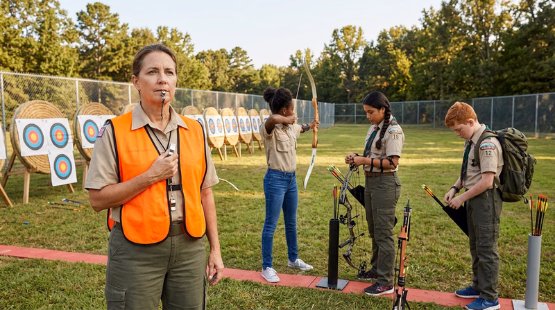 A range officer standing behind the shooting line holding a whistle, with archers visible at the shooting line in the background, targets downrange