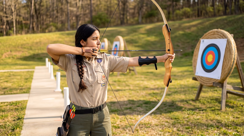 A Scout at full draw with a recurve bow, demonstrating proper anchor point with fingers at the corner of the mouth, bow arm extended toward the target