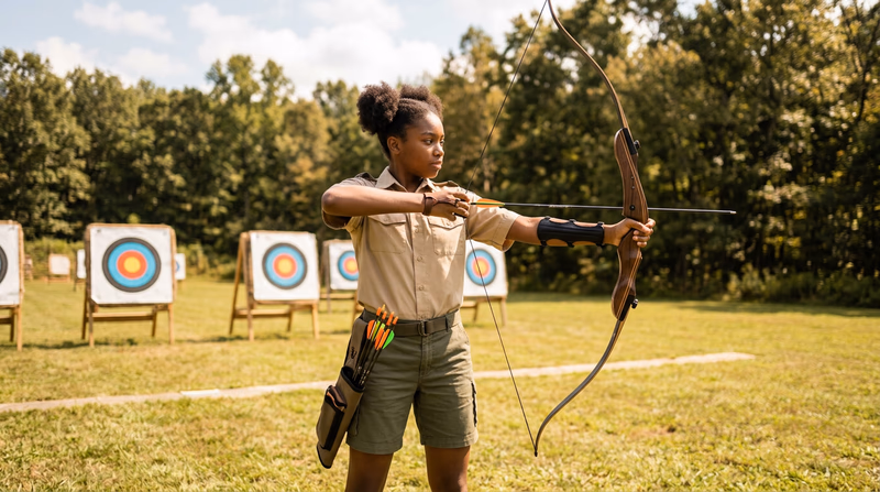 A Scout standing at an outdoor archery range with a recurve bow, targets visible downrange, sunny day with trees in the background