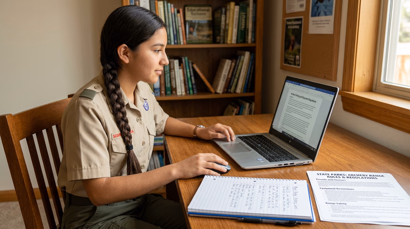A Scout sitting at a desk with a laptop open, researching archery laws, with notes and a printed regulation document visible