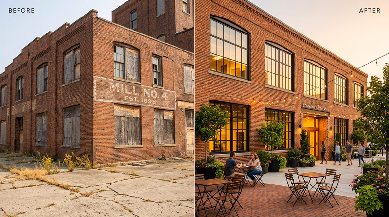 A before-and-after comparison showing an old industrial warehouse on the left and the same building converted into a modern community space with large windows, outdoor seating, and greenery on the right