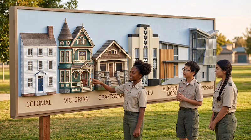 A visual guide showing six different architectural styles side by side: Colonial, Victorian, Craftsman, Art Deco, Mid-Century Modern, and Contemporary, with labels and key features highlighted