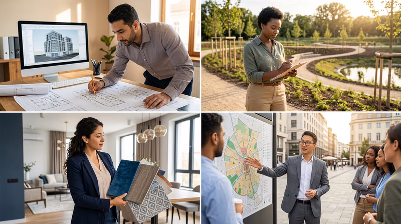 Four professionals representing different architecture careers: an architect reviewing blueprints, a landscape architect sketching a park design outdoors, an interior designer selecting material samples, and an urban planner presenting a city map