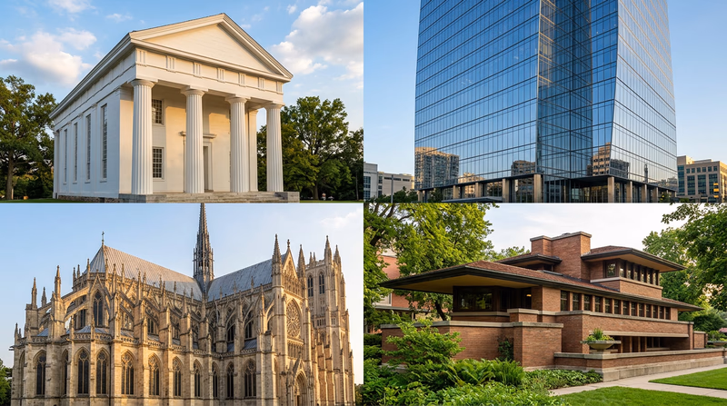 A visual comparison showing different architectural styles: a Greek revival building with columns, a modern glass skyscraper, a Gothic cathedral, and a Frank Lloyd Wright prairie-style home