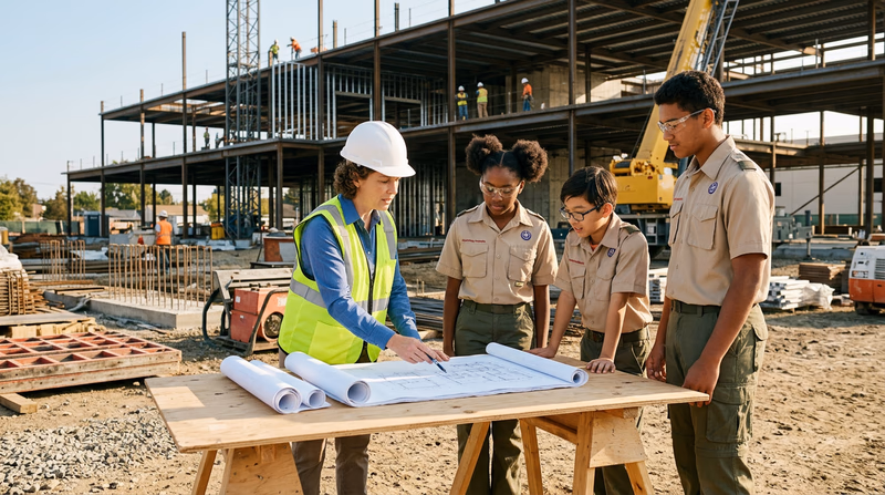 An active construction site showing a partially completed building with visible steel framing, workers in hard hats, and construction equipment, with an architect pointing at construction drawings on a table