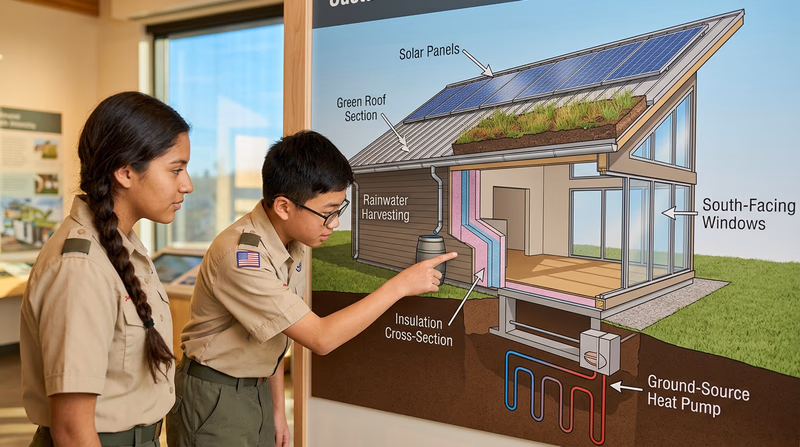 A cutaway diagram of a green building showing labeled sustainable features: solar panels on roof, green roof section, rainwater collection system, large windows for natural light, and high-performance insulation in walls