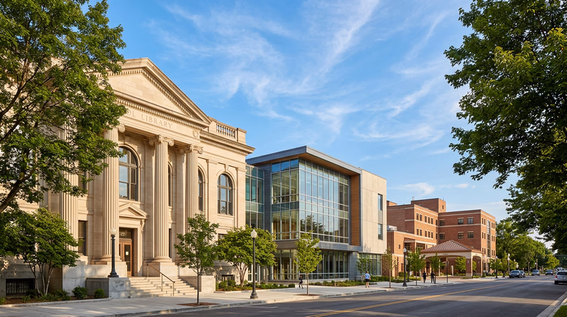 A row of notable institutional buildings including a library with columns, a modern school, and a hospital