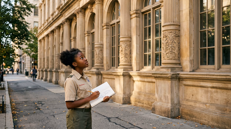 A Scout looking up at an interesting building facade, holding a sketchbook and pencil