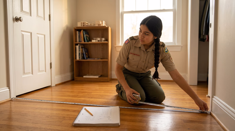 A Scout using a tape measure to measure the width of a room wall, with a notepad and pencil on the floor nearby, working carefully in a well-lit room
