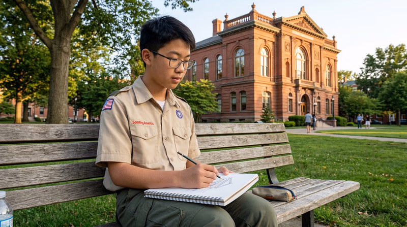 A Scout sitting on a park bench sketching a historic building in their sketchbook, with the building visible in the background