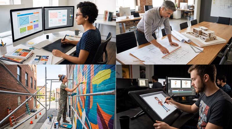 A montage showing different art professionals at work: a graphic designer at a computer, an architect reviewing blueprints, a muralist painting a wall, and an animator working on a tablet