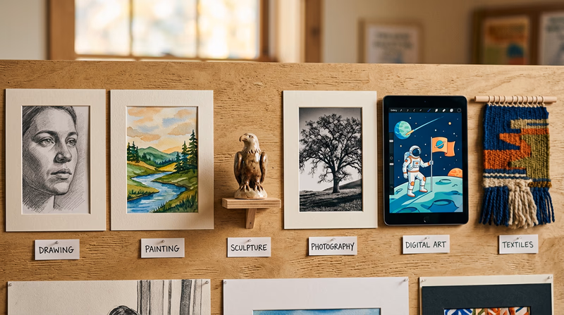 A collage-style arrangement showing different art forms: a pencil drawing, a watercolor painting, a clay sculpture, a photograph, and a digital illustration on a tablet