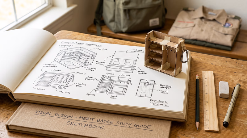 A Scout's sketchbook open to a product design page showing multiple concept sketches of a camp kitchen organizer, with a small cardboard prototype model sitting next to it