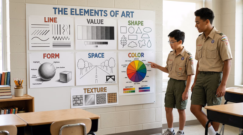 A colorful infographic-style illustration showing the seven elements of art (line, value, shape, form, space, color, texture) each represented by a simple visual example