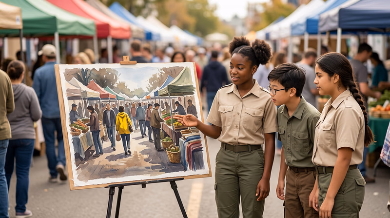 A painting of a busy market scene where one person in a bright yellow jacket stands out as the clear focal point against the muted colors of the crowd