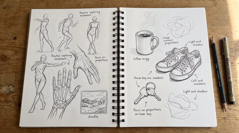An open sketchbook showing two pages filled with varied sketches: quick gesture drawings, detailed studies of hands and objects, and loose landscape doodles, all in pencil and ink