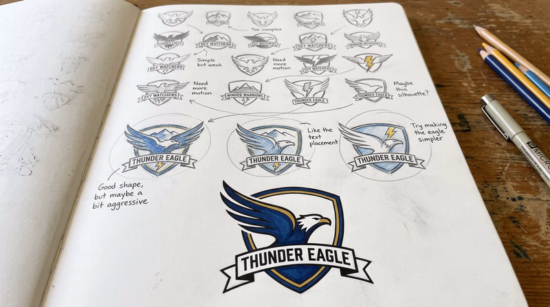 A sketchbook page showing the evolution of a patrol logo design: multiple rough thumbnail sketches at the top narrowing down to a refined final logo at the bottom, with notes and arrows showing the design thinking