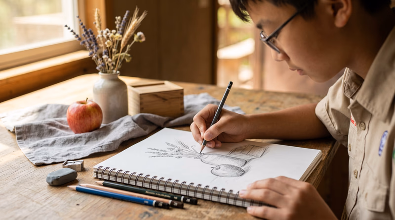 A Scout's hands sketching a still-life arrangement of an apple and a vase with a pencil on a sketchpad