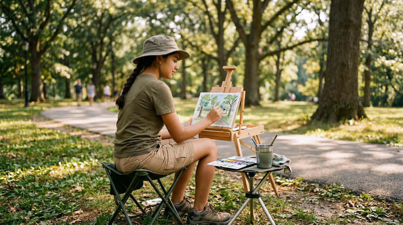 A Scout sitting on a folding stool in a park, painting a landscape on a small easel with watercolors, surrounded by trees and natural light