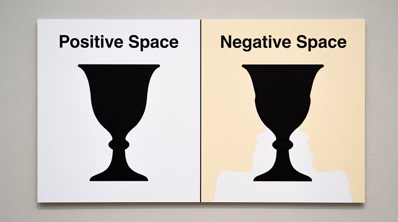 A side-by-side illustration showing positive and negative space: on the left, a black vase on a white background; on the right, the same image but highlighting how the white space creates two face profiles