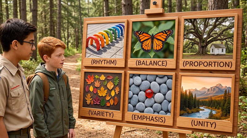 A six-panel illustration, each panel showing one principle of design with a simple visual example: rhythm (repeating arches), balance (symmetrical butterfly), proportion (large tree beside a small house), variety (different-colored leaves), emphasis (one red circle among gray circles), unity (a harmonious landscape painting)